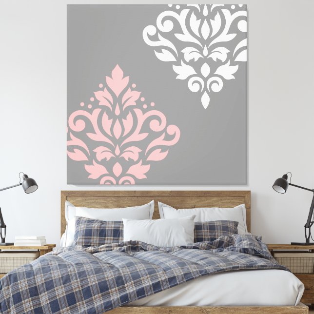 Rulla Damask Art I Rosa White Grått Canvastryck (Insitu (sovrum))
