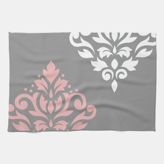 Rulla Damask Art I Rosa White Grått Kökshandduk (Horisontell)