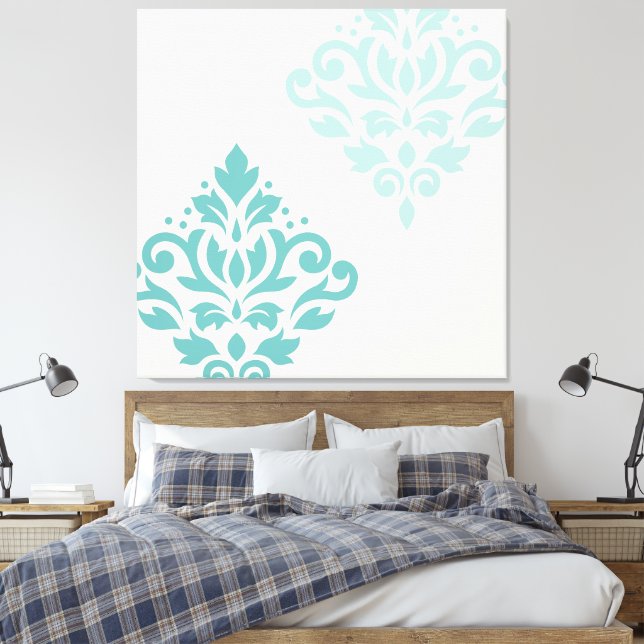 Rulla Damask Art I Teals på Cream Canvastryck (Insitu (sovrum))