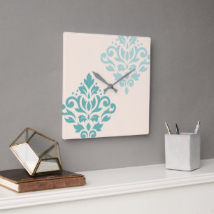 Rulla Damask Art I Teals på Cream Fyrkantig Klocka