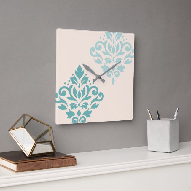 Rulla Damask Art I Teals på Cream Fyrkantig Klocka (Kontor)