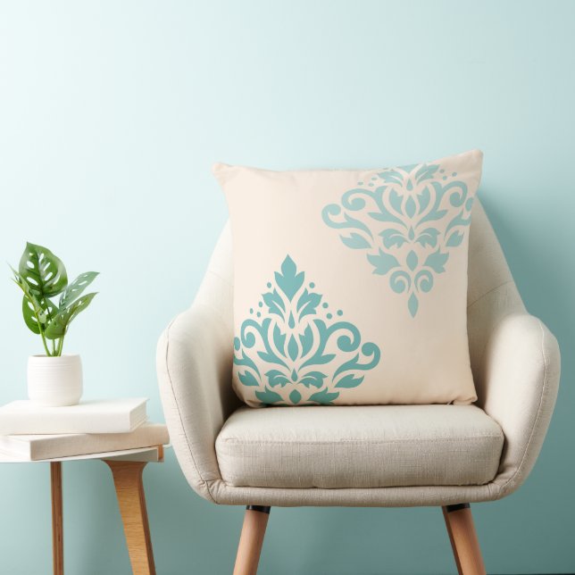 Rulla Damask Art I Teals på Cream Kudde (Stol)
