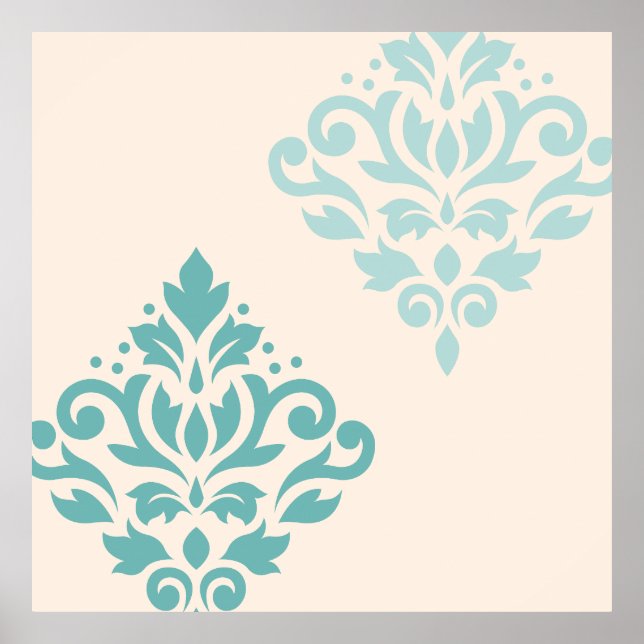 Rulla Damask Art I Teals på Cream Poster (Framsidan)