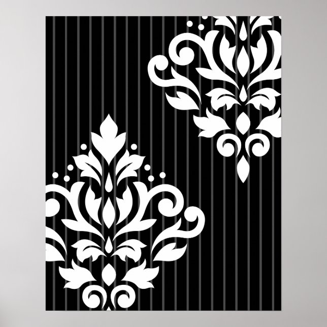 Rulla Damask Art I White på Grått Rand & Black Poster (Framsidan)