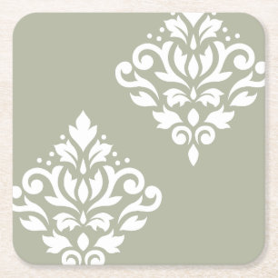 Rulla Damask Art I White på Grönt Underlägg Papper Kvadrat