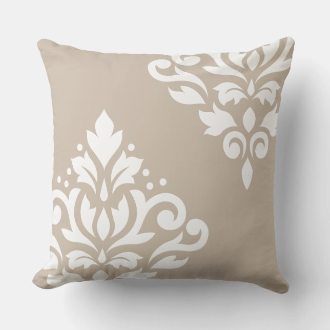 Rulla Damask Art I White på Light Taupe Kudde (Framsida)