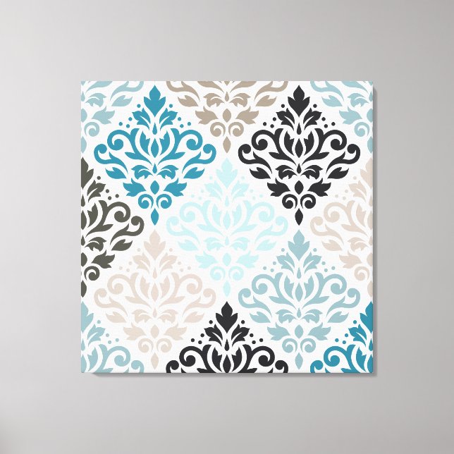 Rulla Damask Big Mönster Teals  White Canvastryck (Framsida)