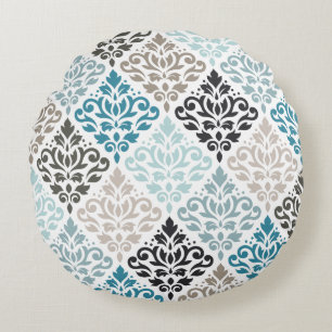 Rulla Damask Big Mönster Teals  White Rund Kudde