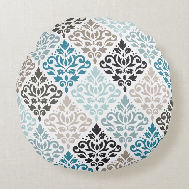 Rulla Damask Big Mönster Teals  White Rund Kudde (Framsidan)