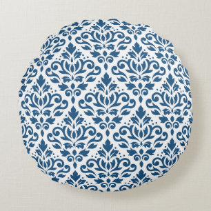 Rulla Damask Big Ptn Dk Blue på White Rund Kudde