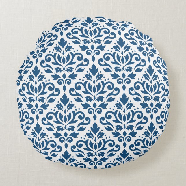 Rulla Damask Big Ptn Dk Blue på White Rund Kudde (Framsidan)