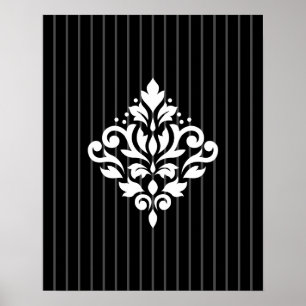 Rulla Damask Design White på Grått Rand & Black Poster