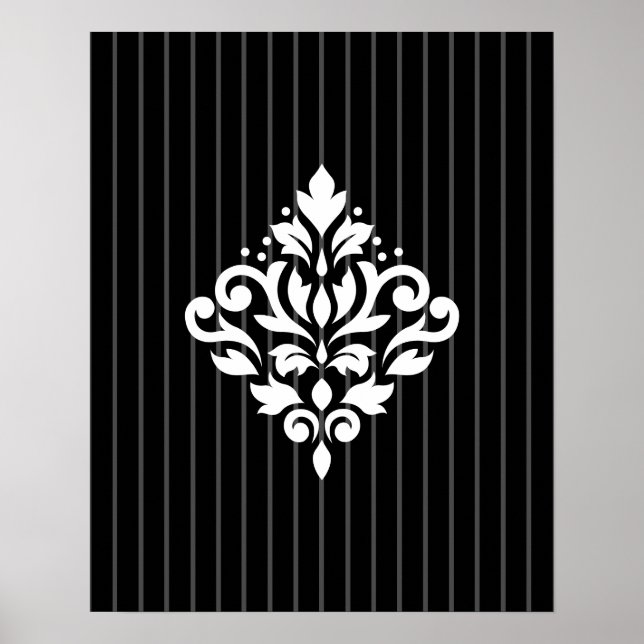 Rulla Damask Design White på Grått Rand & Black Poster (Framsidan)