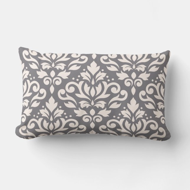 Rulla Damask Large Mönster Cream på Grått Lumbarkudde (Framsida)