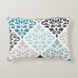 Rulla Damask Lg Mönster Art Teals  White Prydnadskudde