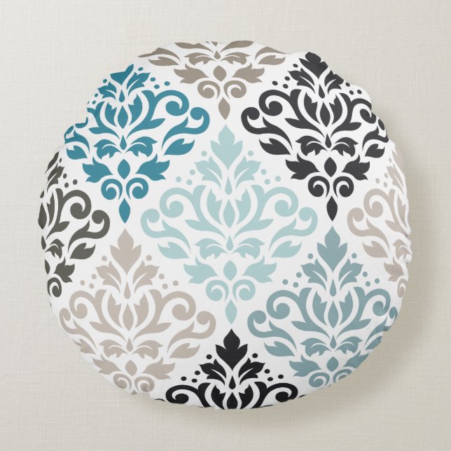 Rulla Damask Lg Mönster Teals  White Rund Kudde (Framsidan)