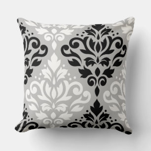 Rulla Damask Lg Ptn Art B&W på Grått Kudde