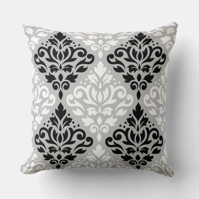 Rulla Damask Lg Ptn B&W på Grått Kudde (Framsida)