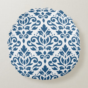 Rulla Damask Lg Ptn Dk Blue på White Rund Kudde
