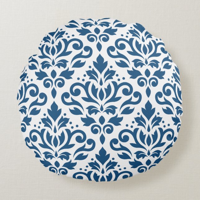 Rulla Damask Lg Ptn Dk Blue på White Rund Kudde (Framsidan)