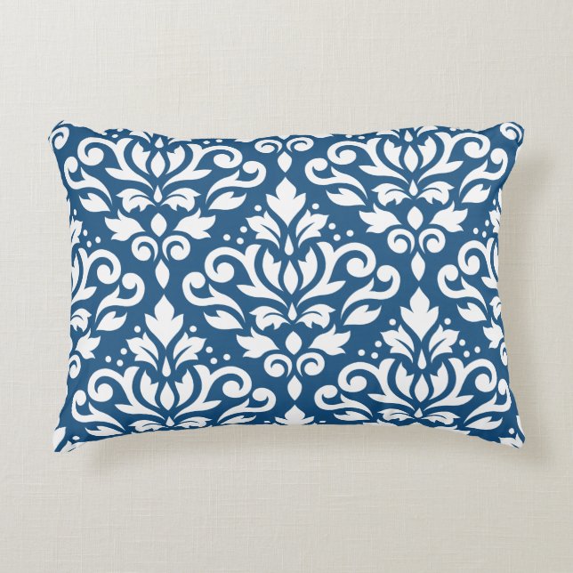 Rulla Damask Lg Ptn White på Dk Blue Prydnadskudde (Framsidan)