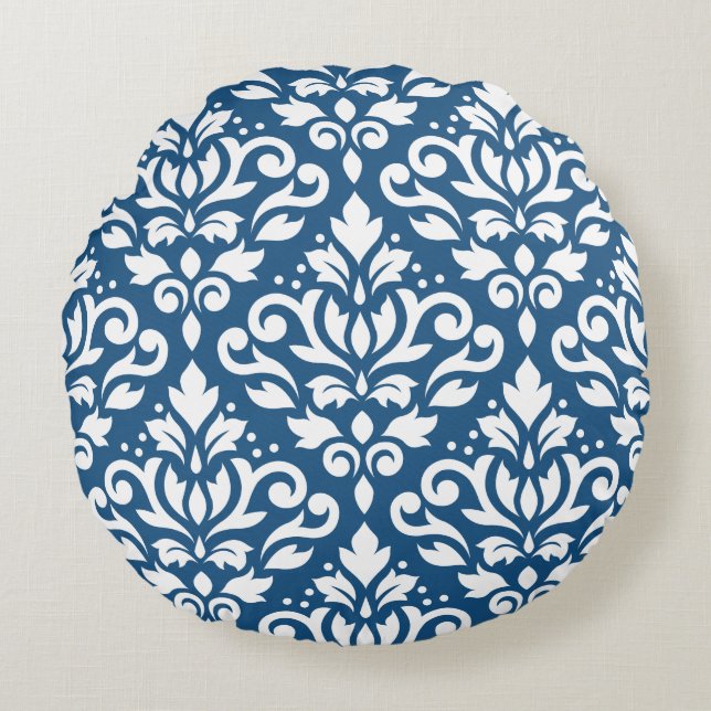 Rulla Damask Lg Ptn White på Dk Blue Rund Kudde (Framsidan)