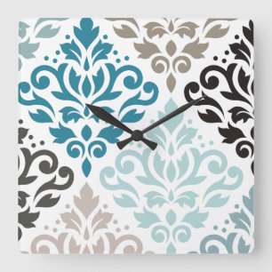 Rulla Damask Offset Ptn Art Teals White Fyrkantig Klocka