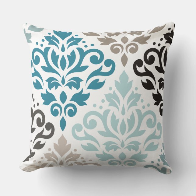 Rulla Damask Offset Ptn Art Teals  White Kudde (Framsida)