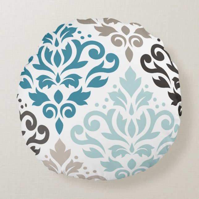 Rulla Damask Offset Ptn Art Teals  White Rund Kudde (Framsidan)