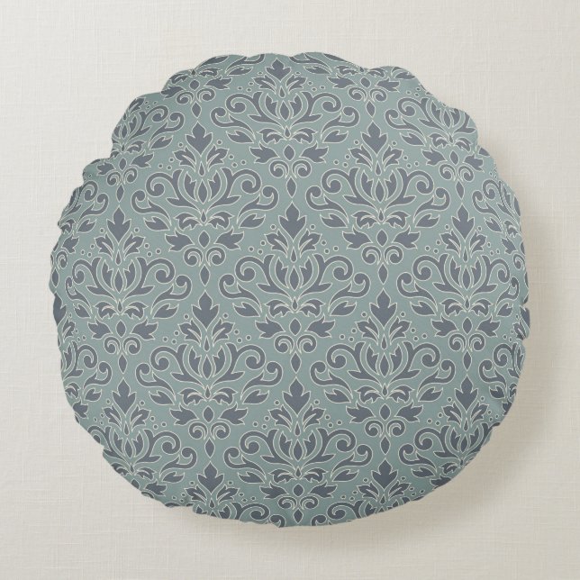 Rulla Damask Pattern (kontur) Cream Blues Teal Rund Kudde (Framsidan)