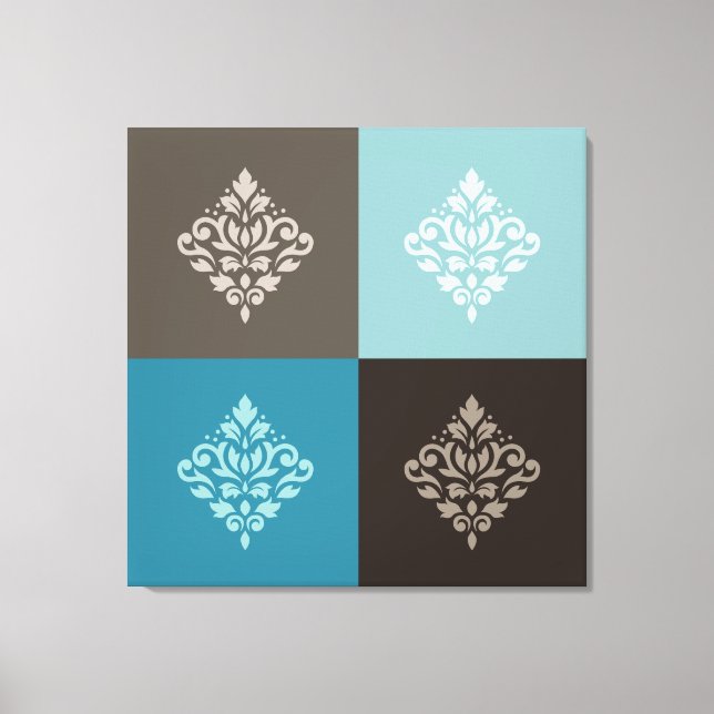 Rulla Damask Pattern Squares Teals  White Canvastryck (Framsida)