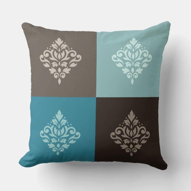Rulla Damask Pattern Squares Teals  White Kudde (Framsida)