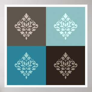 Rulla Damask Pattern Squares Teals White Poster
