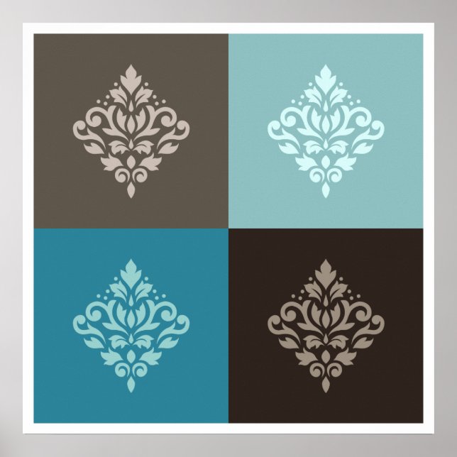 Rulla Damask Pattern Squares Teals  White Poster (Framsidan)