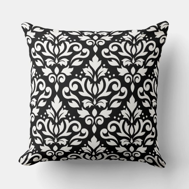 Rulla Damask Pattern White på Black Kudde (Framsida)