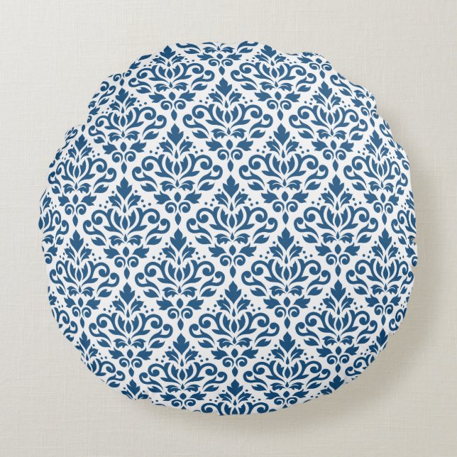 Rulla Damask Ptn Dk Blue på White Rund Kudde (Framsidan)