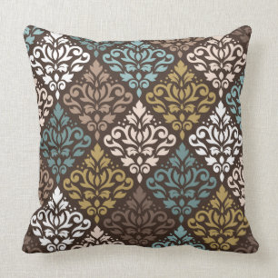 Rulla Damask Rpt Ptn Teals  Guld Crm White Kudde