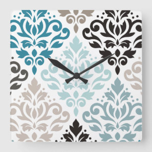 Rulla Damask XLg Mönster Art Teals White Fyrkantig Klocka