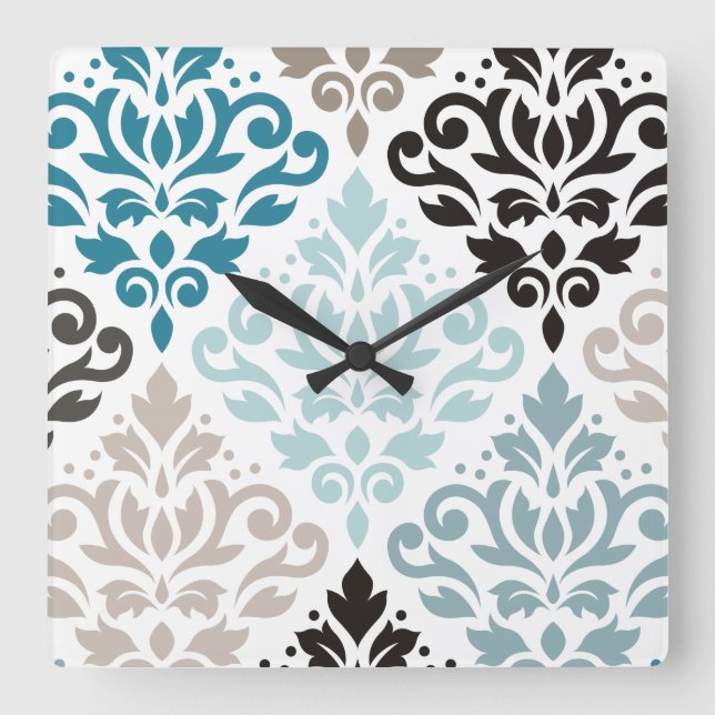 Rulla Damask XLg Mönster Art Teals  White Fyrkantig Klocka (Framsida)