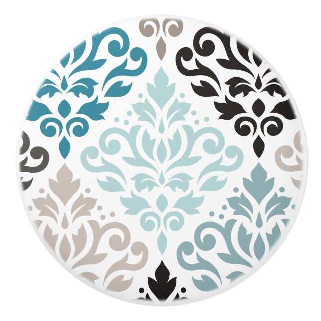 Rulla Damask XLg Mönster Art Teals  White Knopp (Framsidan)