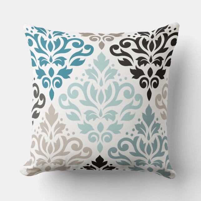 Rulla Damask XLg Mönster Art Teals  White Kudde (Framsida)