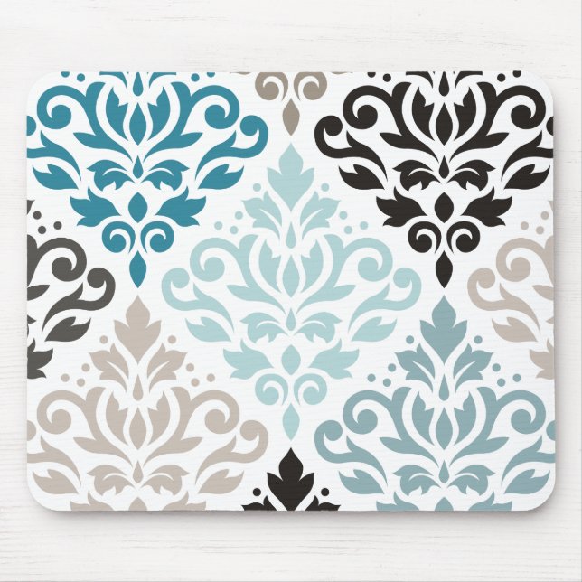 Rulla Damask XLg Mönster Art Teals  White Musmatta (Framsidan)
