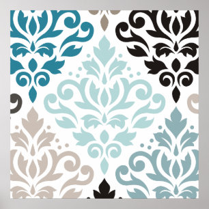 Rulla Damask XLg Mönster Art Teals  White Poster