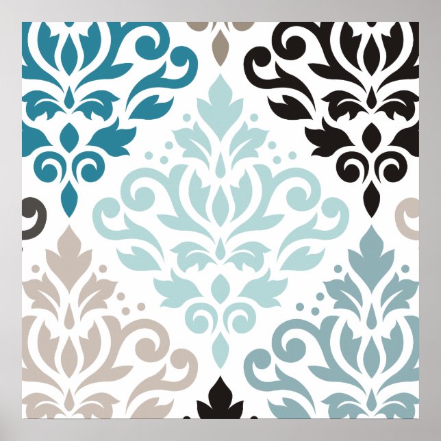 Rulla Damask XLg Mönster Art Teals  White Poster (Framsidan)