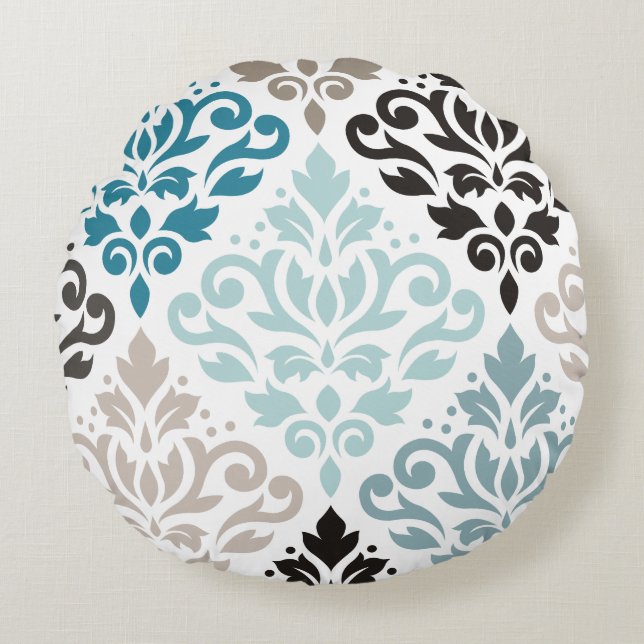 Rulla Damask XLg Mönster Art Teals  White Rund Kudde (Framsidan)