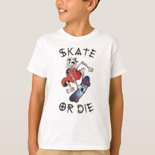 Rulla eller dö rolig skelett skateboardåkare t shirt
