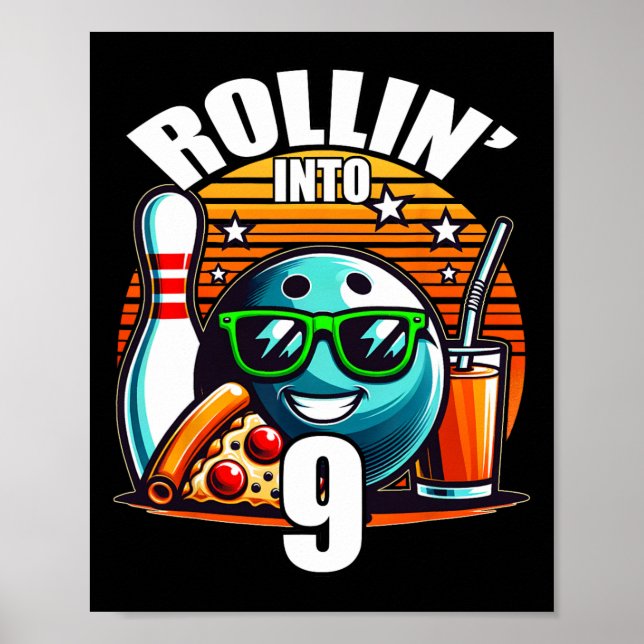 Rulla in i 9 Bowling Födelsedagsfest 9-årsdag Poster (Framsidan)