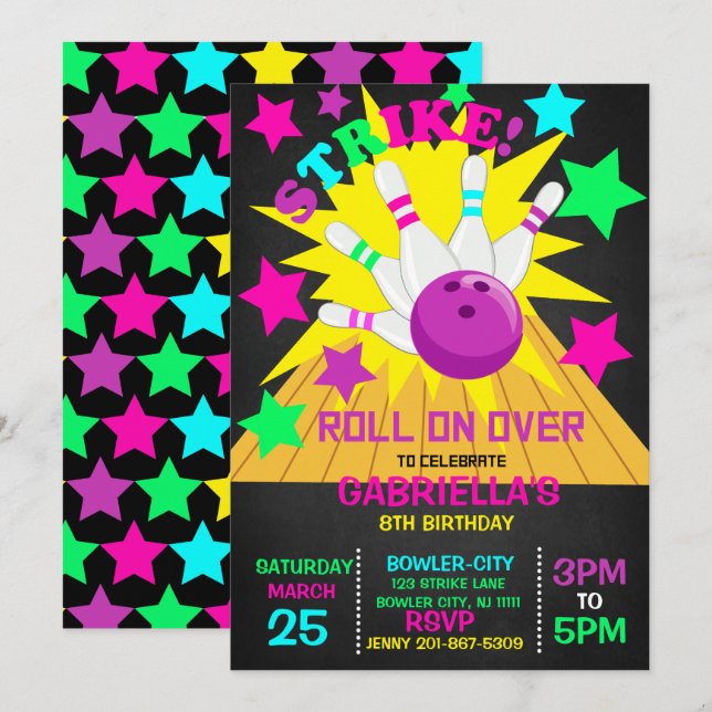 Rulla över... STREJKA Bowling Födelsedagsfest Inbjudningar (Fram/baksida)