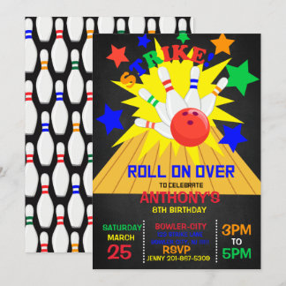 Rulla över.. STREJKA Bowling Födelsedagsfest Inbjudningar