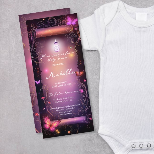 Rullan Baby Shower för magic Rosa Enchanted Forest Inbjudningar (magic pink parchment scroll with butterflies and mushrooms)
